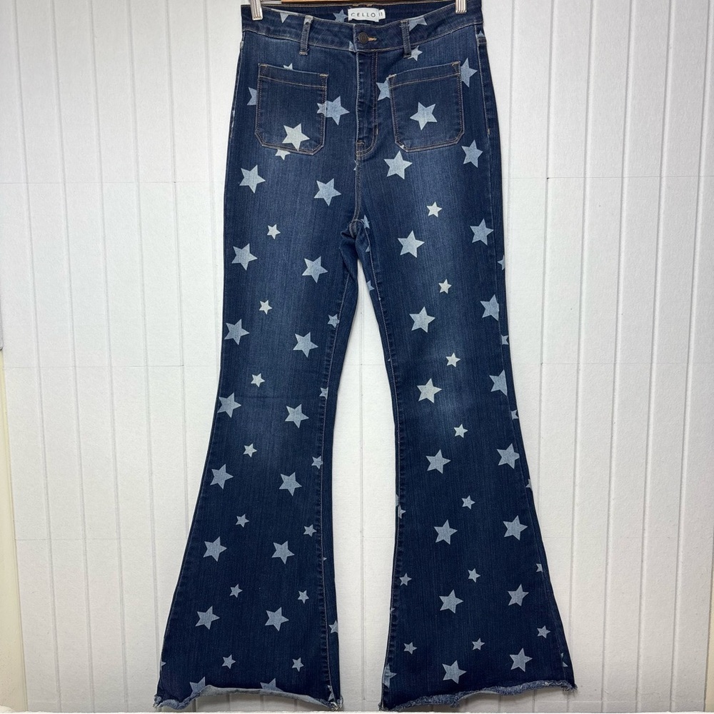 Cello Star Print Flare Bell Bottom High Rise Long Length Women's Jeans Size 11